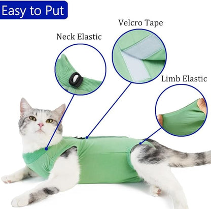 Cat Recovery Suit Cat Onesie for Cats After Surgery Female Male Spay Kitten Neuter Surgical Bodysuit Post Surgery Cone of Shame Alternative Anti Licking(Green, Medium)