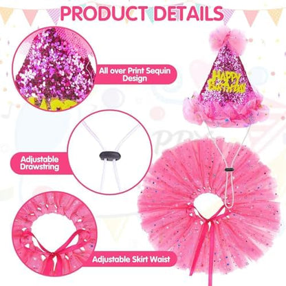 SCENEREAL Dog Birthday Bandana with Hat and Dress Girl Set, Puppy Birthday Party Supplies, Cute Pink Tutu Skirt Outfit for Small Medium Large Dogs - Image 5