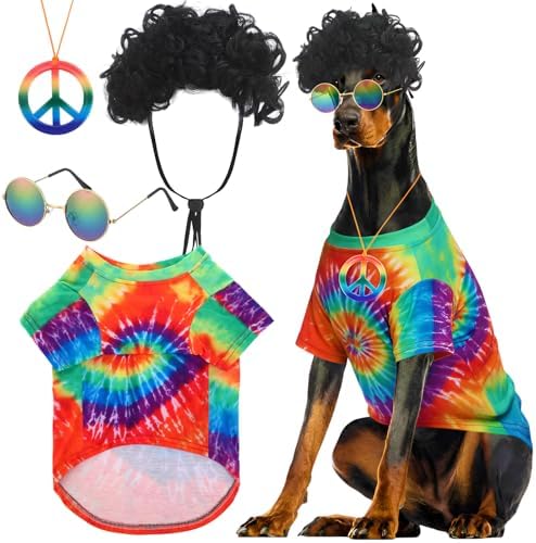 Kinlop 4 Pcs Hippie Dog Costume Halloween Pet Costume Accessories Includes 60s 70s Colorful Tie Dye T-Shirt Funky Wig Peace Sign Necklace and Sunglasses for Party Dress Up(XXL) by Kinlop