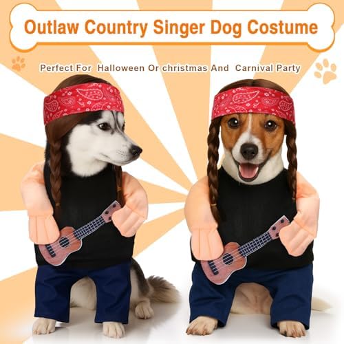 Huhumy Halloween Country Singer Dog Costume Guitar Wig Bandana for Dog, XL - Image 3
