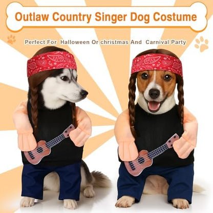 Huhumy Halloween Country Singer Dog Costume Guitar Wig Bandana for Dog, XL - Image 3