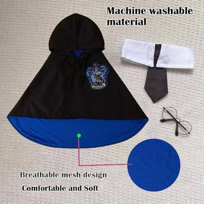Dog Halloween Magician Costume Set, Cat Wizard Cloak with Hood, Tie & Glasses, Pet Cosplay Outfit for Halloween Party, Puppy Witch Costume for Small Dogs (Blue, Small) - Image 4