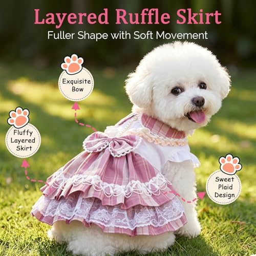 Plaid Princess Dog Dress, Multi Layered Skirt Lace Trim Design Dog Outfit, Girl Dog Clothes with Large Bow & Bow Hair Accessory for Birthday, Wedding, Party, Photoshoot (M) - Image 2