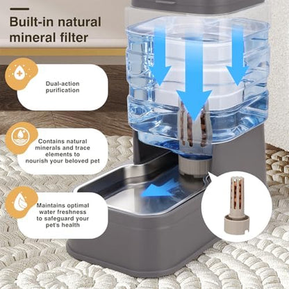 Pawzone 2 Pack Automatic Cat Feeder and Water Dispenser 1.3 Gallon Dog Gravity Food Feeder and Water with Ice Pack Stainless Steel Dry Food and Water Bowl for Small Medium Large Pets (Grey)