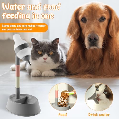 Dog Water Bottle Stand, Adjustable No Drip Dog Water Dispenser with Bowl, 2 in 1 Pet Bowls, Standing Pet Water Dispenser, Automatic Water Food Feeder with Detachable Pole for Your Pets (Gray)