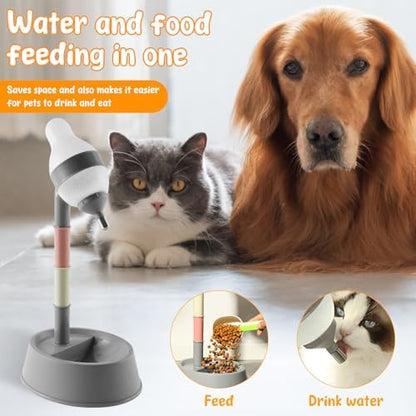 Dog Water Bottle Stand, Adjustable No Drip Dog Water Dispenser with Bowl, 2 in 1 Pet Bowls, Standing Pet Water Dispenser, Automatic Water Food Feeder with Detachable Pole for Your Pets (Gray)