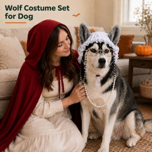 3 Pcs Dog Wolf Costume, Mop Cap Pearl Necklace Granny Glasses - Image 4
