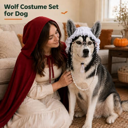 3 Pcs Dog Wolf Costume, Mop Cap Pearl Necklace Granny Glasses - Image 4