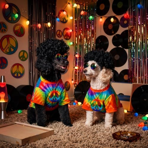 Kinlop 4 Pcs Hippie Dog Costume Halloween Pet Costume Accessories Includes 60s 70s Colorful Tie Dye T-Shirt Funky Wig Peace Sign Necklace and Sunglasses for Party Dress up(L) - Image 5