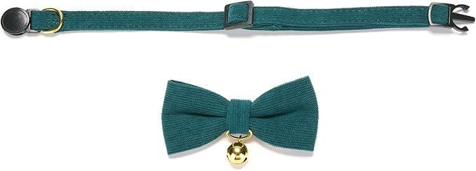 2 Pack Soft Corduroy Cat Collars with Bow Tie & Bell Adjustable Breakaway Bowtie Kitten Collar for Girl Boy Kittens(Orange & Dark Green)