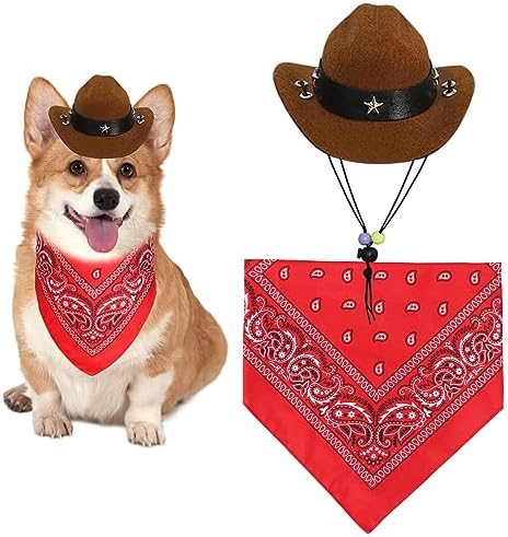 GOYOSWA Dog Halloween Costumes, Dog Cowboy Costume Halloween Pet Cowboy Hat Bandana Scarf for Small Medium Large Dogs Pets (Brown Hat & Red Bandana, Small) by GOYOSWA