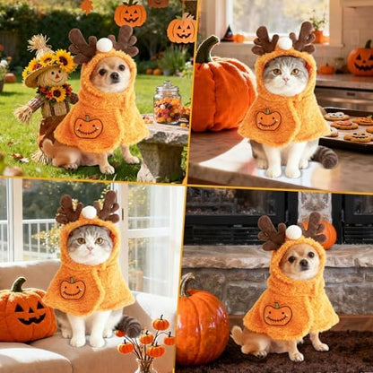 Dog Halloween Costumes Pumpkin Cloak with Antlers, Cute Pet Costumes for Small Dogs Cats, Soft Fluffy Dog Costume Cat Clothes for Halloween Party, Easy On/Off Puppy Outfit, L - Image 5