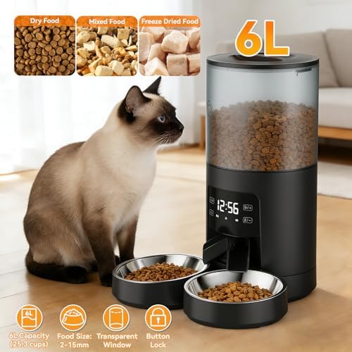 NEWBULIG Automatic Cat Feeder for 2 Cats 6L Dog Food Dispenser, Black