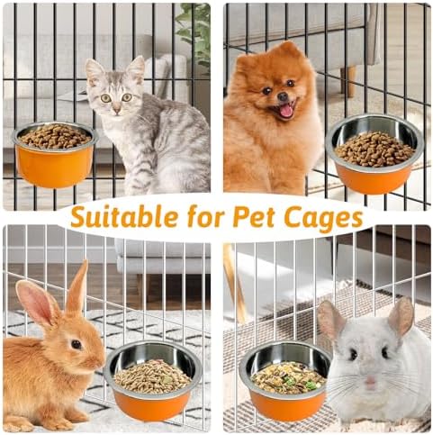 Hamiledyi Crate Dog Bowl Cat - Removable Stainless Steel Hanging No Spill Pet Bowl for Kennels Durable Detachable Design Fits Small Medium Dog Cages (2 Pcs, Orange