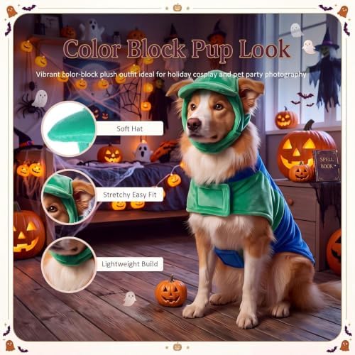 Newcotte Dog Halloween Costume Set Funny Green Overalls Outfit with Hat Retro Buddy Themed Dog Clothes for Cosplay Party(X-Large) - Image 3