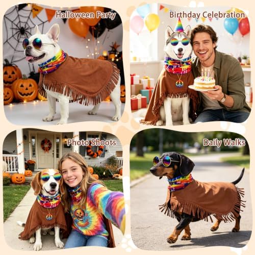 PAWCHIE Halloween Dog Hippie Costume Set 60s 70s, Pet Costume Accessories Includes Hippie Fringed Cape Scarf Glasses and Peace Necklace, Adjustable Boho Pet Outfit for Small Dogs Party Photo, Brown S - Image 6