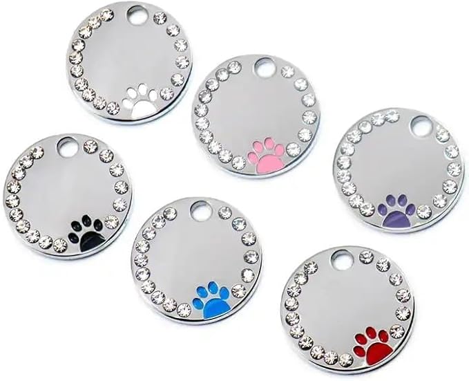 Personalized Dog/Cat Cute Paw Pet ID Tag for Pet Collar or Key Chain - Custom Laser Engraved Unique Dog/cat Name tag with Phone Number (Red, Crystals Round-Small)