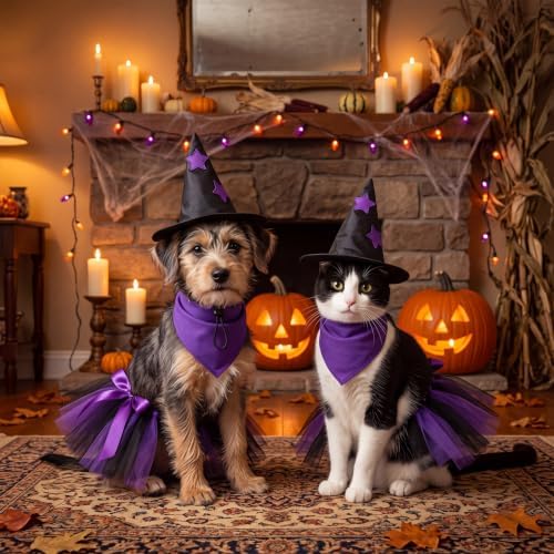 Huhumy 3 Pcs Halloween Witch Dog Costume Bandana Tutu Skirt for Puppy Cat - Image 5