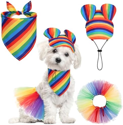 SCENEREAL Dog Pride Costume Small Medium Dogs, Rainbow Dog Bandana Hat Dress Set, 3pcs Pet Party Supplies, Cute Tutu Pride Accessories by SCENEREAL