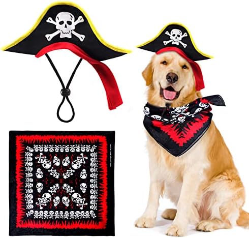 2 Pieces Skull Print Pet Pirate Hat with Pirate Skull Bandana Dog Cat Captain Cap Halloween Pirate Cosplay Costume Halloween Party Hat Dress Up Costume Accessories (A) One Size by Aichiyu