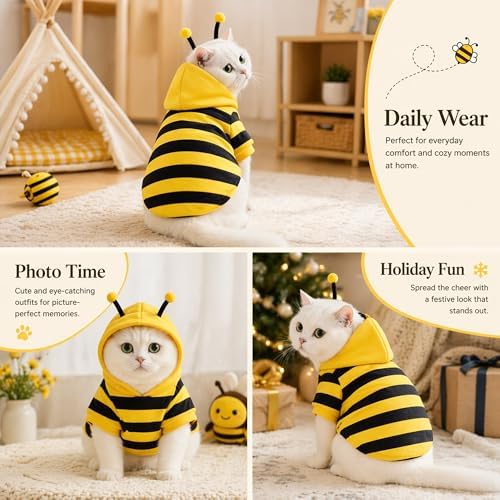 Cute Cat Bee Costume - Pet Halloween Apparel Bumble Bee Cosplay Clothes Antennae, Soft Warm Fleece Hoodie for Cats, Kittens, and Small Dogs, Perfect for Festival Party and Photo Shoot S/M (Medium) - Image 3