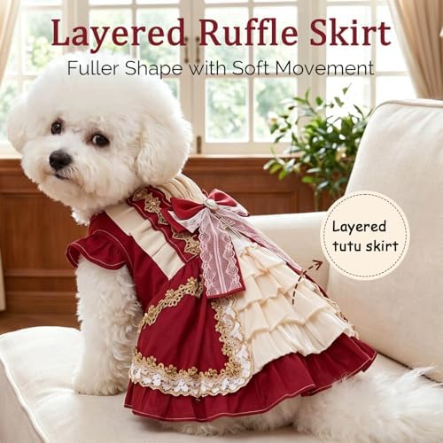 Dog Dress for Small Dogs, Vintage Dog Princess Dress with Layered Ruffle Skirt, Photo Party Outfit for Birthday, Wedding, Party, Photoshoot (XS) - Image 2