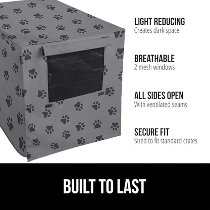 GORILLA GRIP Dog Crate Covers compatible with Amazon Basics Dog Crates, All Sides Open, Privacy Cover Fits 36" Wire Kennel, Breathable Mesh Windows, Light Reducing Puppy Training Cage Topper, Gray Paw