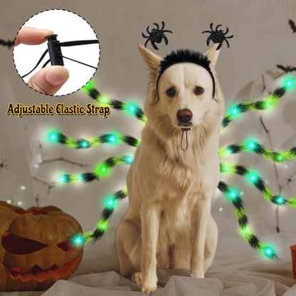 JaGely 2 Pcs Halloween Spider Dog Costume with LED Headband Body, Green - Image 5