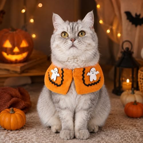 Ghost Halloween Dog Costume for Small Dogs & Cats, Soft Plush Halloween Pet Cape, Cute Cat Halloween Costume & Cat Clothes for Holiday Parties, Trick or Treat, Cosplay, Orange, Large - Image 3