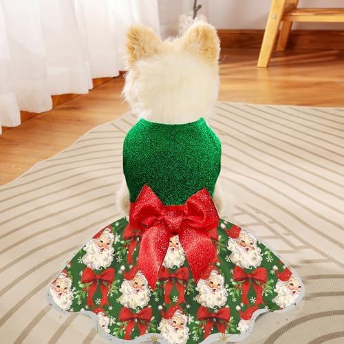 Christmas Dog Dress, Festive Holiday Pet Outfit, Shiny Green Top with Glittery Red Bow and Santa Claus Print Skirt for Boys and Girls Small Puppies - Image 6