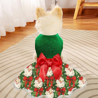 Christmas Dog Dress, Festive Holiday Pet Outfit, Shiny Green Top with Glittery Red Bow and Santa Claus Print Skirt for Boys and Girls Small Puppies - Image 6
