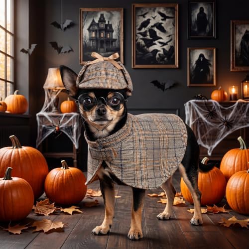Ishua Dog Costume Set Detective Cloak Hat and Glasses for Small Dog and Cat - Image 6