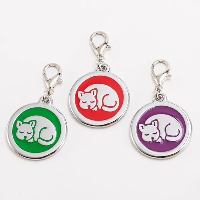 Personalized Pet ID Tags for Kittens and Cats - Custom cat Name tag and ID tag for Collar (Red, Sleeping Cat Round-Small)