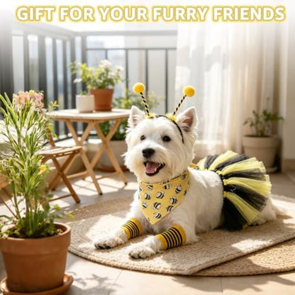 SCENEREAL Small Dog Halloween Costume, Bee Bandana Hat Dress Set with Leg Sleeve, 4pcs Puppy Party Supplies, Soft Triangle Scarf, Cute Tutu Skirt Outfit for Girl Boy Pet - Image 6