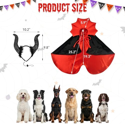 2 Pcs Dog Halloween Costume Set Cat Witch Vampire Cape Devil Horns Hat Holiday Clothes for Cat Puppy Halloween Party Pet Outfits (Red) XL - Image 4