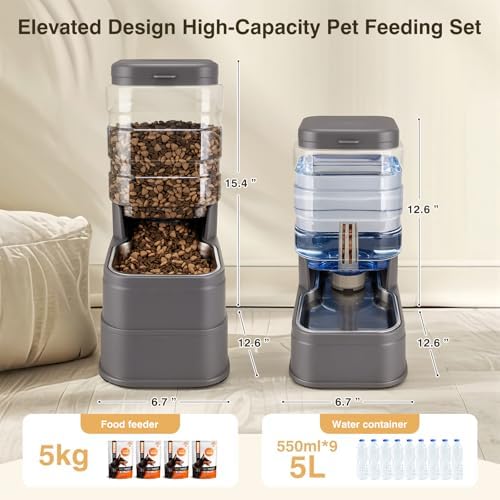 Pawzone 2 Pack Automatic Cat Feeder and Water Dispenser 1.3 Gallon Dog Gravity Food Feeder and Water with Ice Pack Stainless Steel Dry Food and Water Bowl for Small Medium Large Pets (Grey)