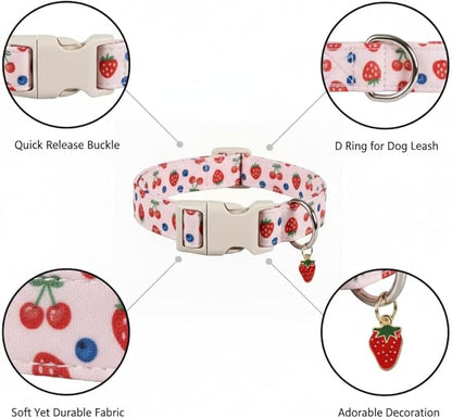 Girl Dog Collar, Cute Dog Collar for Medium Dogs with Cute Strawberry, Cherry and Blueberry Print, Pink Collar for Dogs with Quick-Release Buckle and Robust D Ring, M