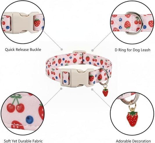 Pink Dog Collar, Girl Dog Collar for Small Dogs, Spring Summer Puppy Collar with Cute Strawberry, Cherry and Blueberry Print, Soft Adjustable Collars for Girls Boys Dogs, S
