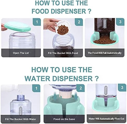 Meikuler Automatic Dog Cat Feeder and Water Dispenser Set,Waterer and Gravity Food Feeder for Small & Medium Dogs Cats Puppies,Large Capacity 1 Gallon x 2 (Green)