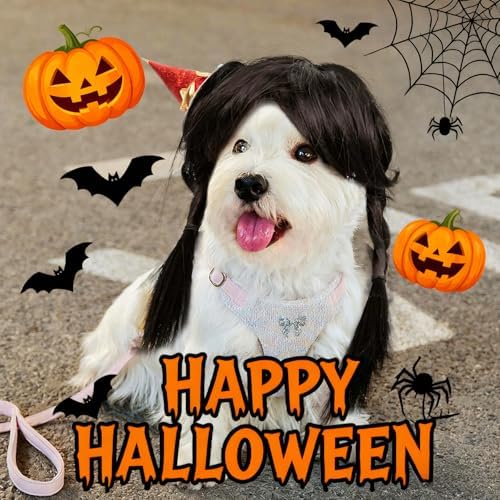 HOWWFALY Dog Costume Long Black BraidHair with Small Red Wizard Hat Styling CuteFunny Pet Hair Accessories Decoration forHalloween, Christmas, Parties - Image 6