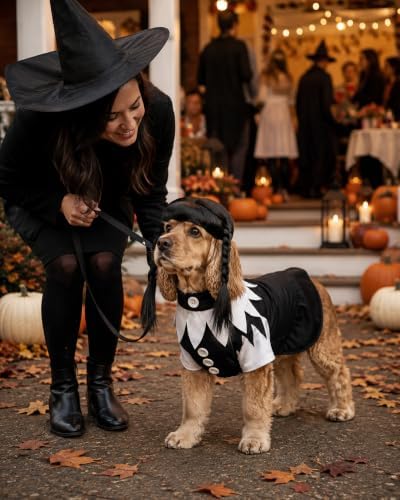 Dog Halloween Costume with Braided Wig, Spooky Black and White Collar Dress for Medium Large Dogs, Creepy Doll Pet Cosplay Outfit, Gothic Party Apparel - Image 5