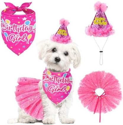 SCENEREAL Dog Birthday Bandana with Hat and Dress Girl Set, Puppy Birthday Party Supplies, Cute Pink Tutu Skirt Outfit for Small Medium Large Dogs by SCENEREAL