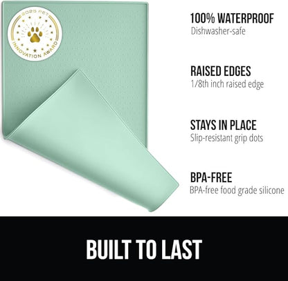 GORILLA GRIP 100% Waterproof Raised Edge BPA Free Silicone Pet Feeding Mat, Dog Cat Food Mats Contain Spills Protects Floors, Placemats for Cats and Dogs Water Bowl, Pets Accessories 18.5x11.5 Mint