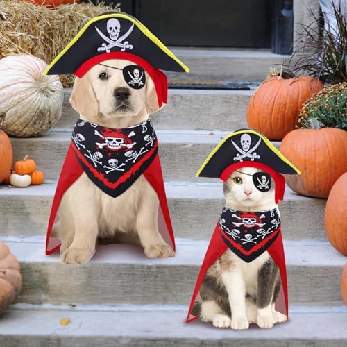Huhumy 4 Pcs Dog Pirate Costume Hat Cape Bandana, Red, Medium - Image 5