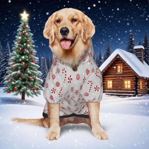 Christmas Dog Hoodie, Grey Candy Cane Print, with Leash Hole - Image 6