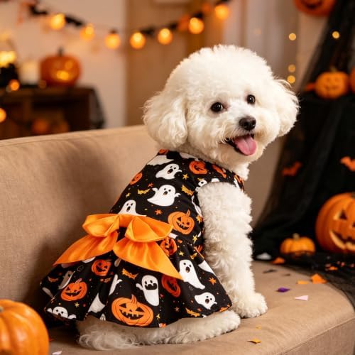 PUPTECK Halloween Dog Dress with Orange Bowtie, Ghost Pumpkin Print, M - Image 5