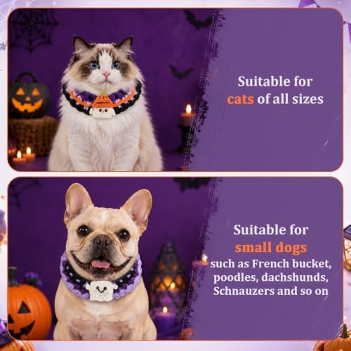 4 Pcs Halloween Cats Dogs Pets Crochets Handmade Collars Soft Wool Neck Collars Knitted Costume Photo Shoot Props Bibs for Multiple Family Matching Set (Cute Ghosts) - Image 3