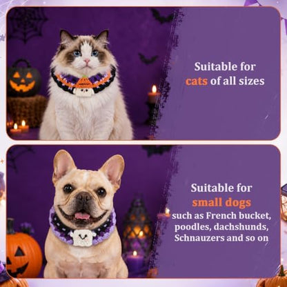 4 Pcs Halloween Cats Dogs Pets Crochets Handmade Collars Soft Wool Neck Collars Knitted Costume Photo Shoot Props Bibs for Multiple Family Matching Set (Cute Ghosts) - Image 3