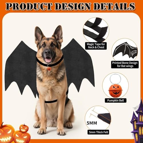 Olanrun Large Dog Halloween Costumes, Adjustable Dog Bat Wings Costumes for Large Dogs with Pumpkin Bell Skeleton Print On The Back, Pet Costume Halloween Cosplay Party Dress Up, XL Black - Image 3
