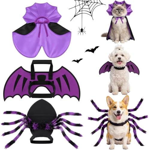 3 Pcs Halloween Costume for Dog Cat, Spider Bat Wings Cape, Purple, S by Sunnymove